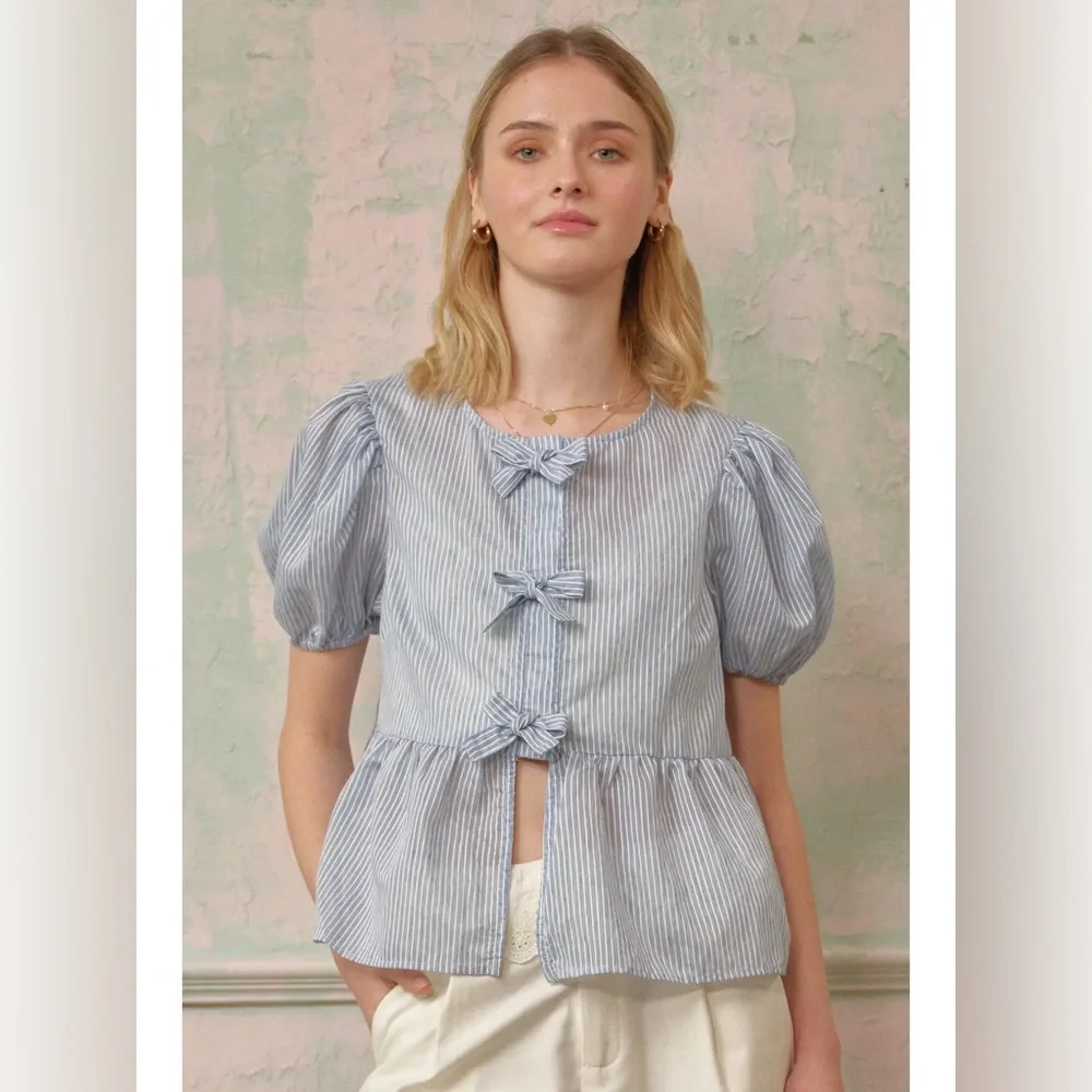 Rosie Posie Striped Peplum Top with Bows NWT size large - Picture 2 of 4